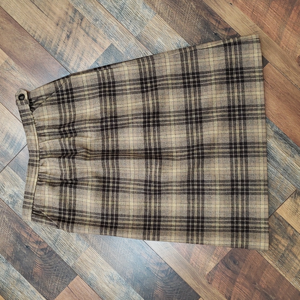 Vintage Austin Hill Yellow and Brown Plaid Wool Midi Pencil Skirt, Size 12